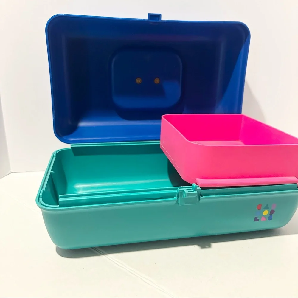 Vintage Cali Caboodle Blue Teal Pink Makeup Case Organize Sliding Tray 2602